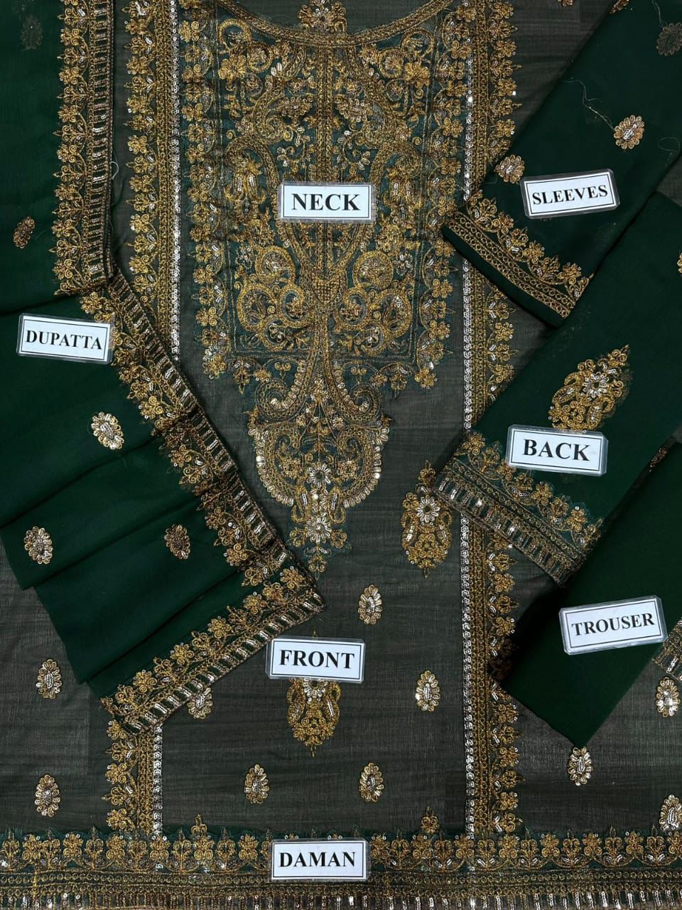 Asim Jofa Bottle Green Chiffon Formal Collection Embroidery Dress 3pc