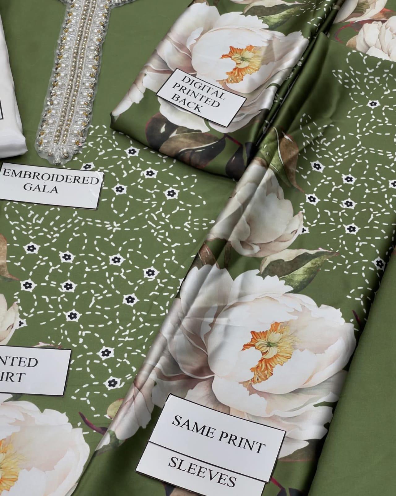 Lulusar Green Silk Digital Print Hand Work Neck Line 3pc Unstitched