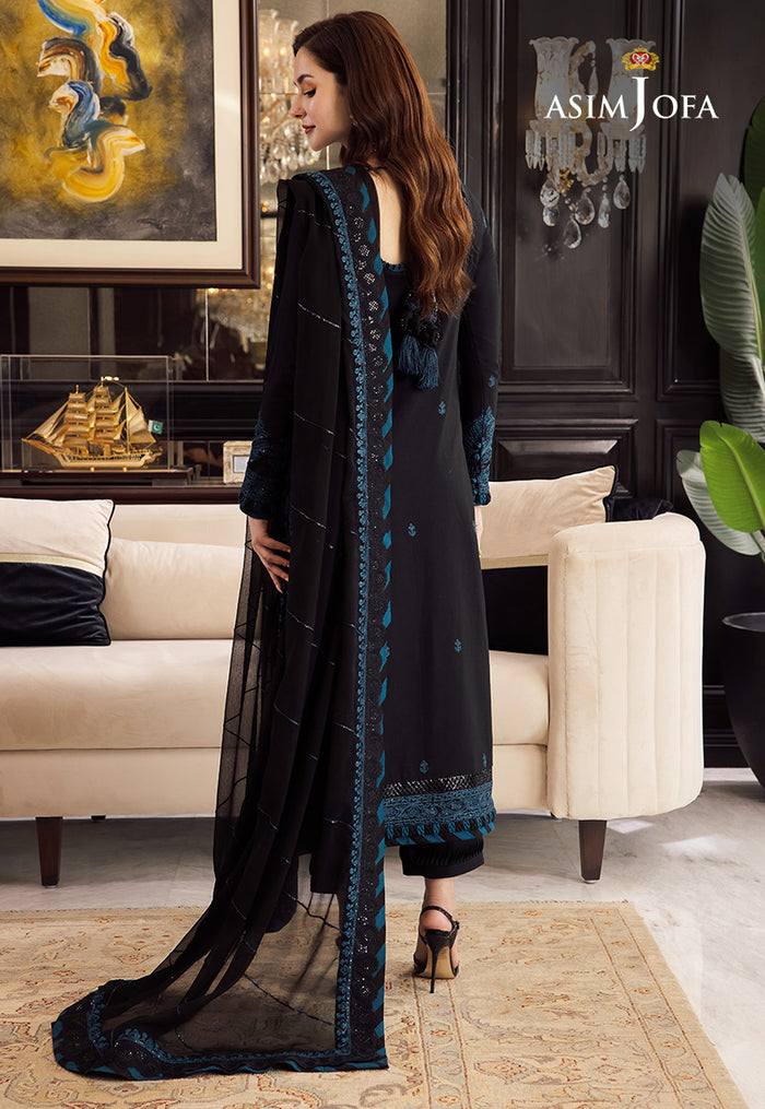 A.J Navy Blue Chiffon Fabric Formal Collection 3pc Unstitched Dress