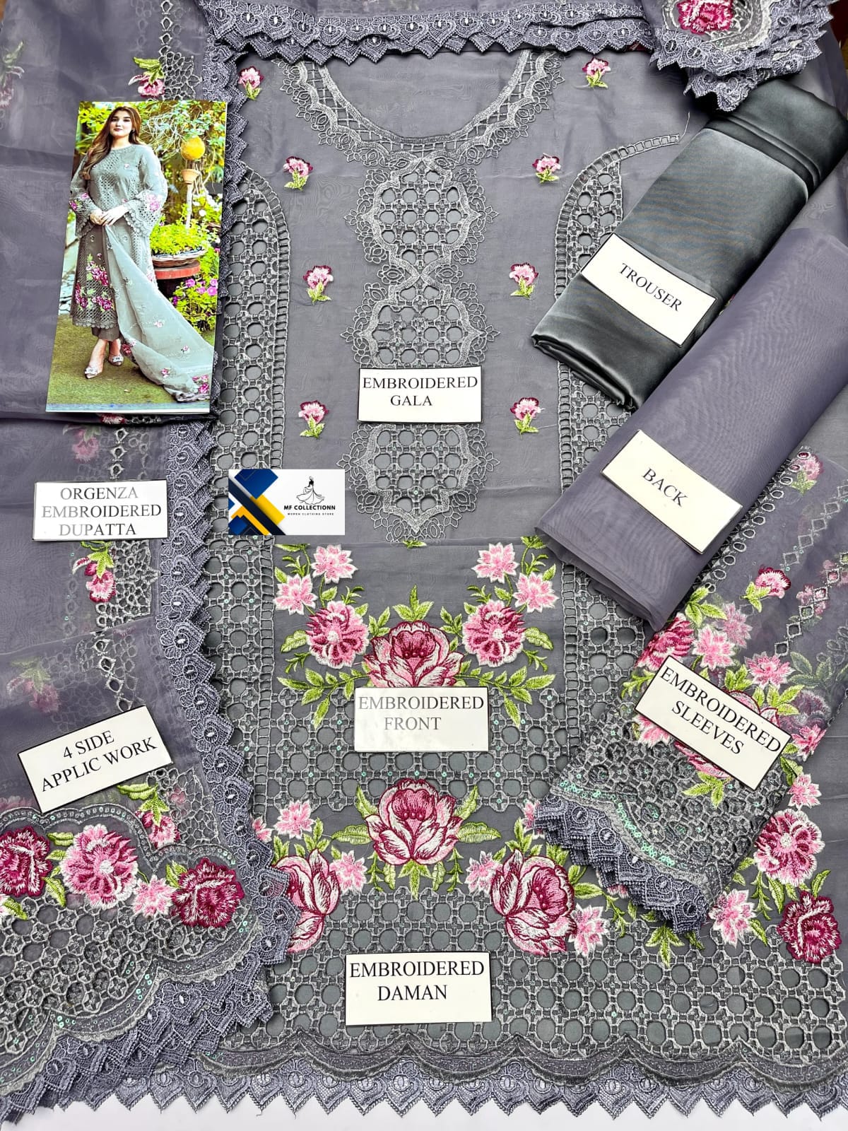 Aneelas Gray organza Embroidery Formal Collection 3piece Unstitched