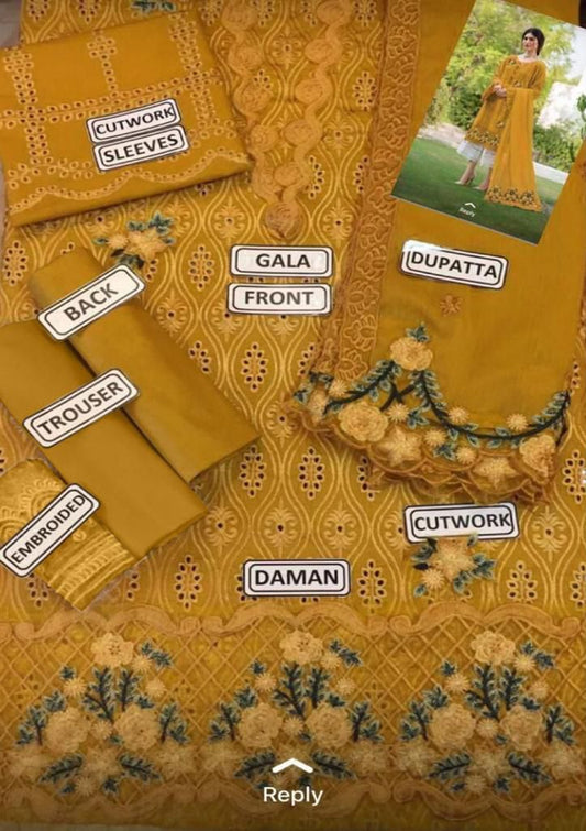 zarqash Cotton Lawn Embroidery dress chikankari Mustard 3pc Unstiched