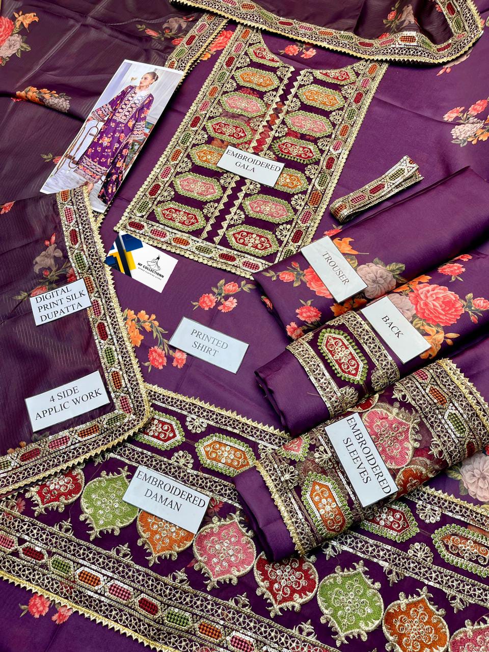 Aneelas Silk Digital Purple Multi Embroidery 3piece Unstitched