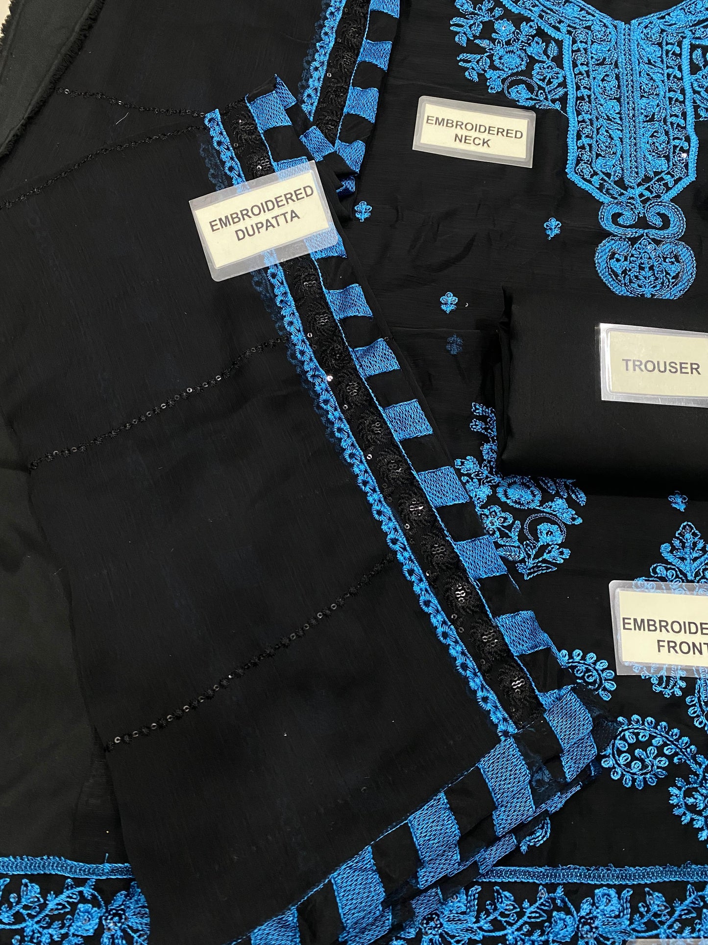 A.J Navy Blue Chiffon Fabric Formal Collection 3pc Unstitched Dress