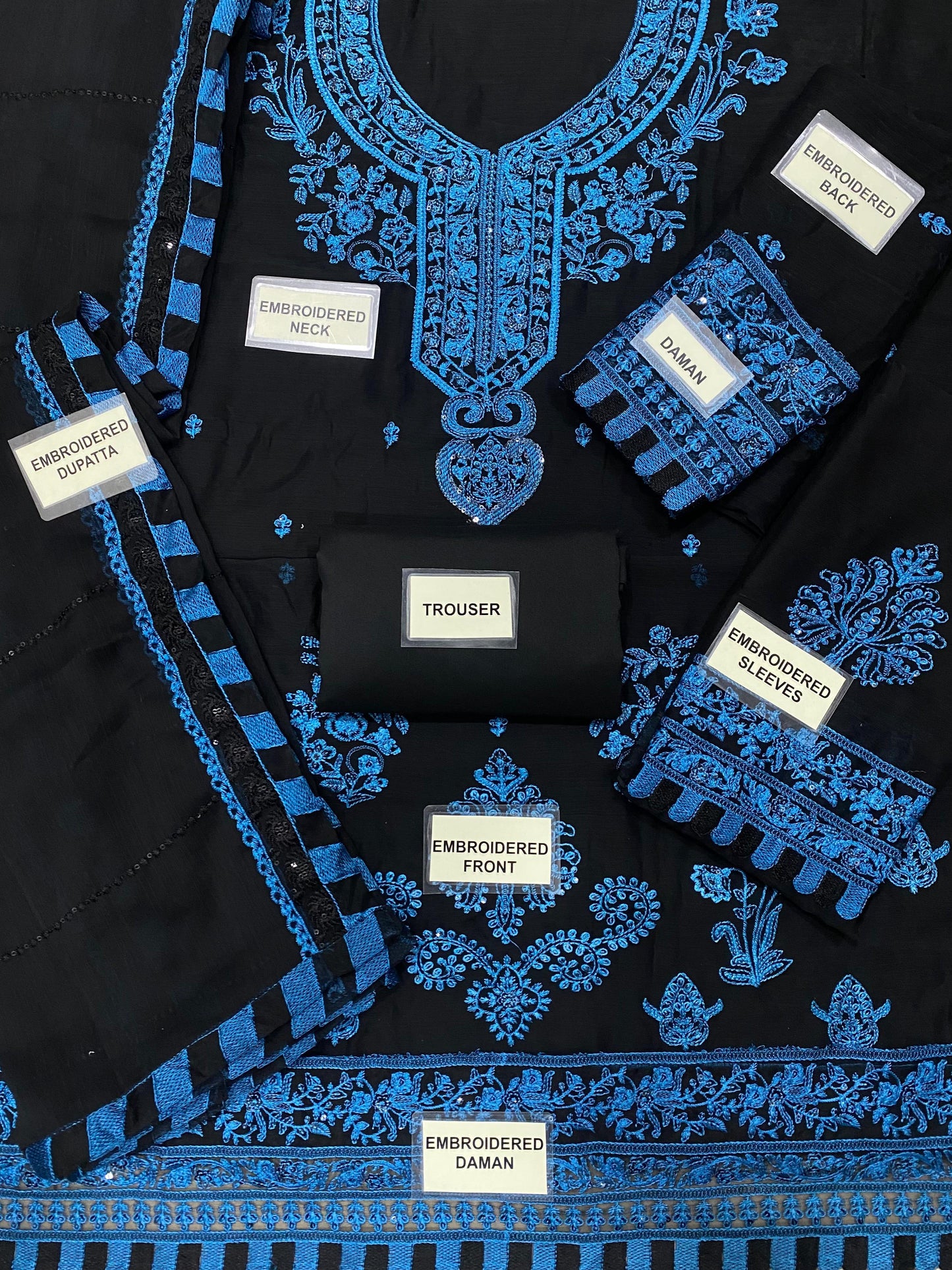 A.J Navy Blue Chiffon Fabric Formal Collection 3pc Unstitched Dress