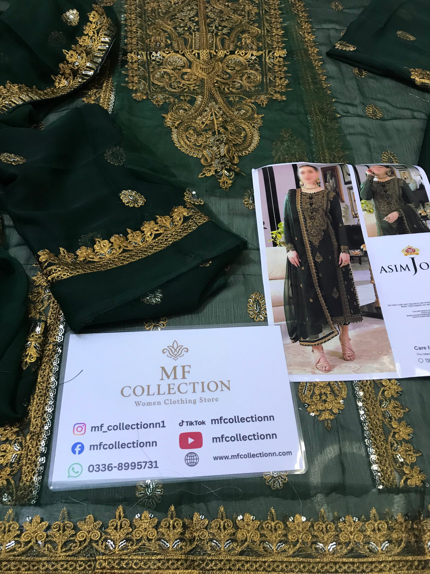 Asim Jofa Bottle Green Chiffon Formal Collection Embroidery Dress 3pc