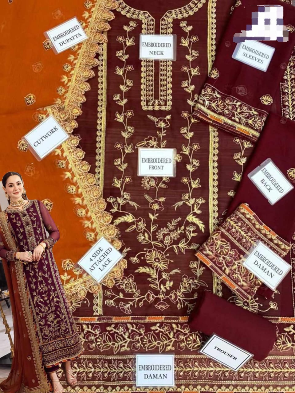 A.J Chiffon Maroon Embroidery 3Piece Unstitched