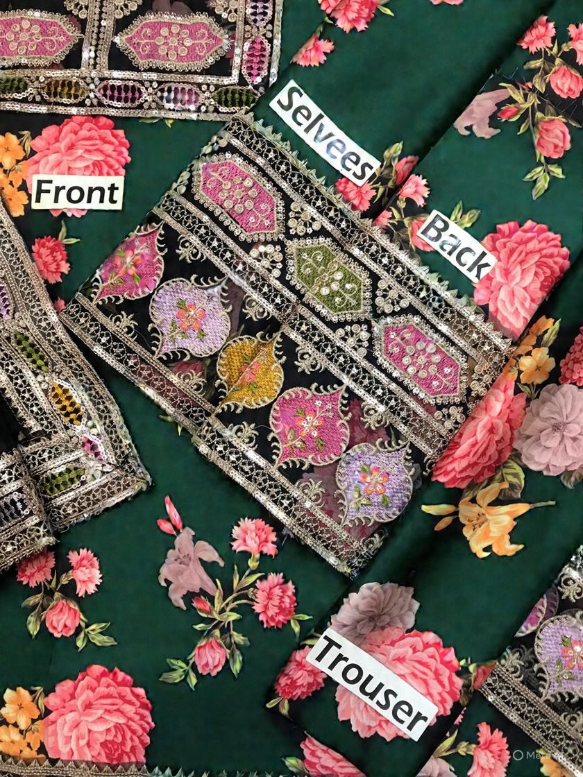 Aneelas Silk Digital Green Multi Embroidery 3piece Unstitched