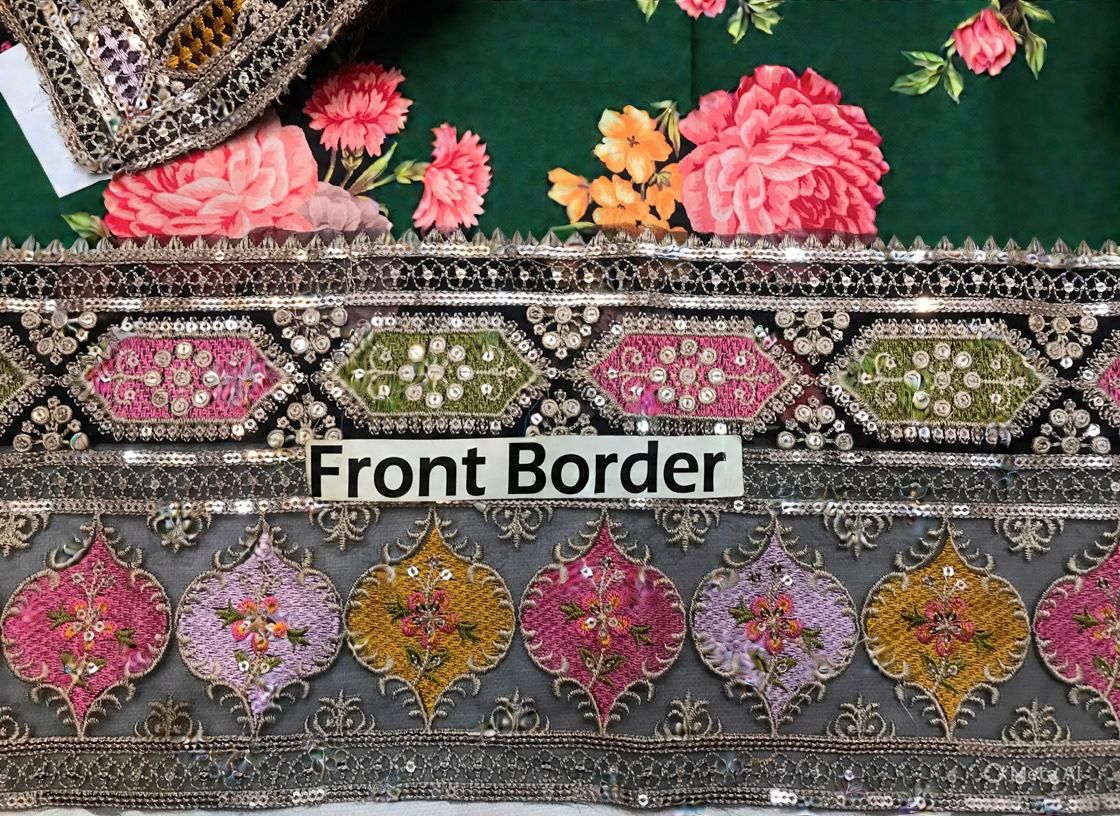 Aneelas Silk Digital Green Multi Embroidery 3piece Unstitched