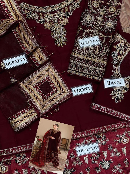 Baroque Maroon Formal Embroidered Chiffon Dres 3piece Unstitched
