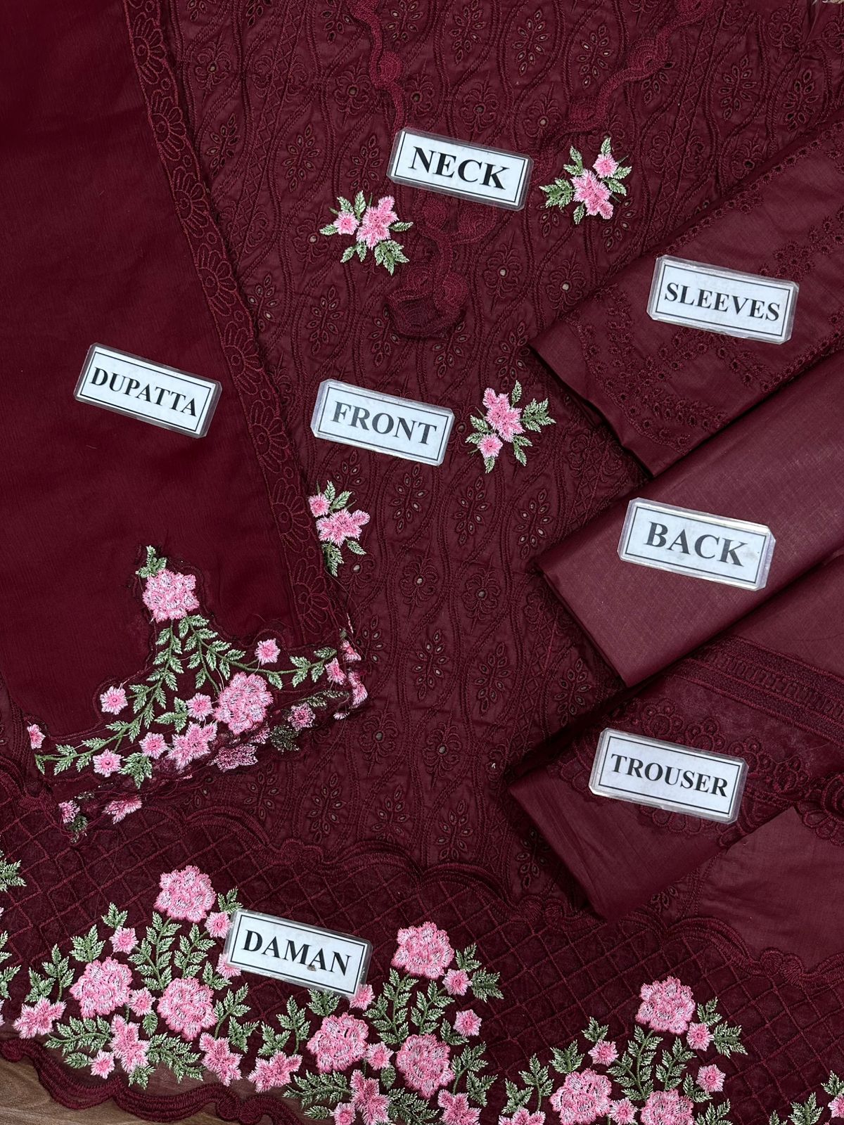 zarqash Cotton Lawn Embroidery dress chikankari Maroon