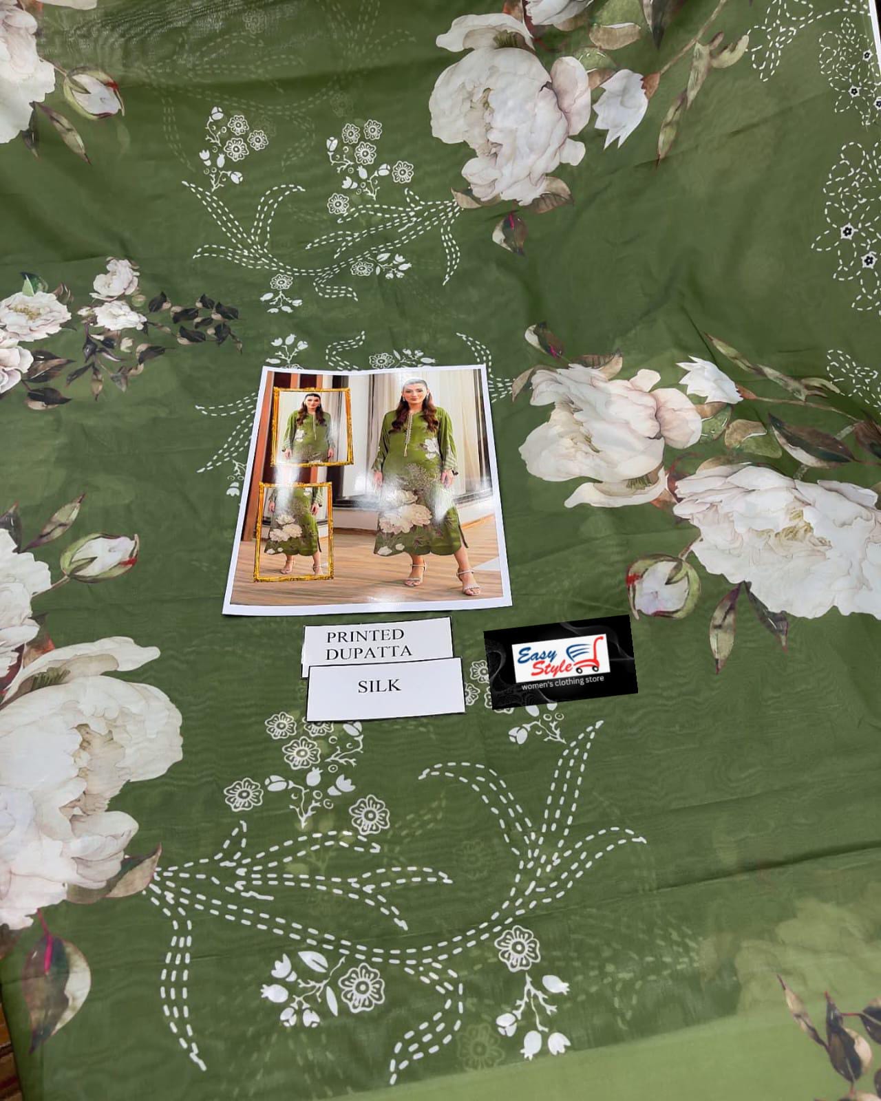 Lulusar Green Silk Digital Print Hand Work Neck Line 3pc Unstitched