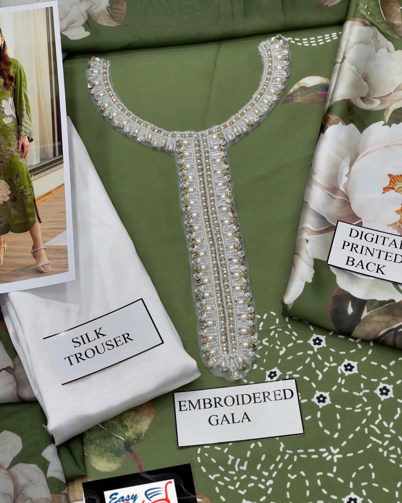 Lulusar Green Silk Digital Print Hand Work Neck Line 3pc Unstitched