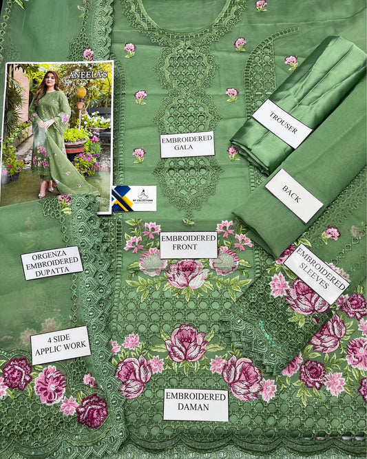 Aneelas Green organza Embroidery Formal Collection 3piece Unstitched