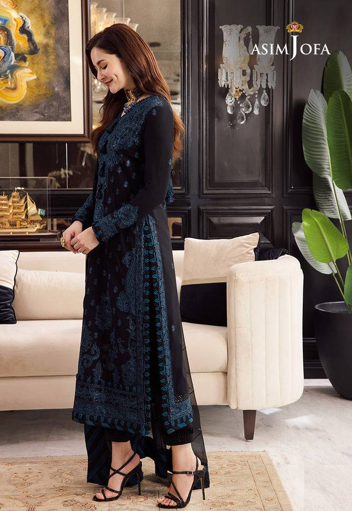 A.J Navy Blue Chiffon Fabric Formal Collection 3pc Unstitched Dress