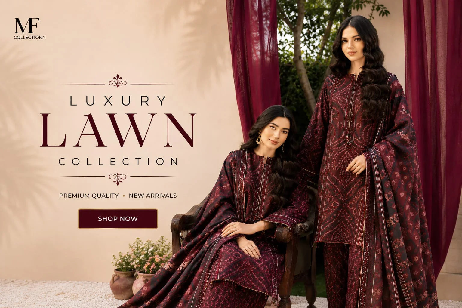 Luxury lawn collection featuring maroon embroidered outfits for women