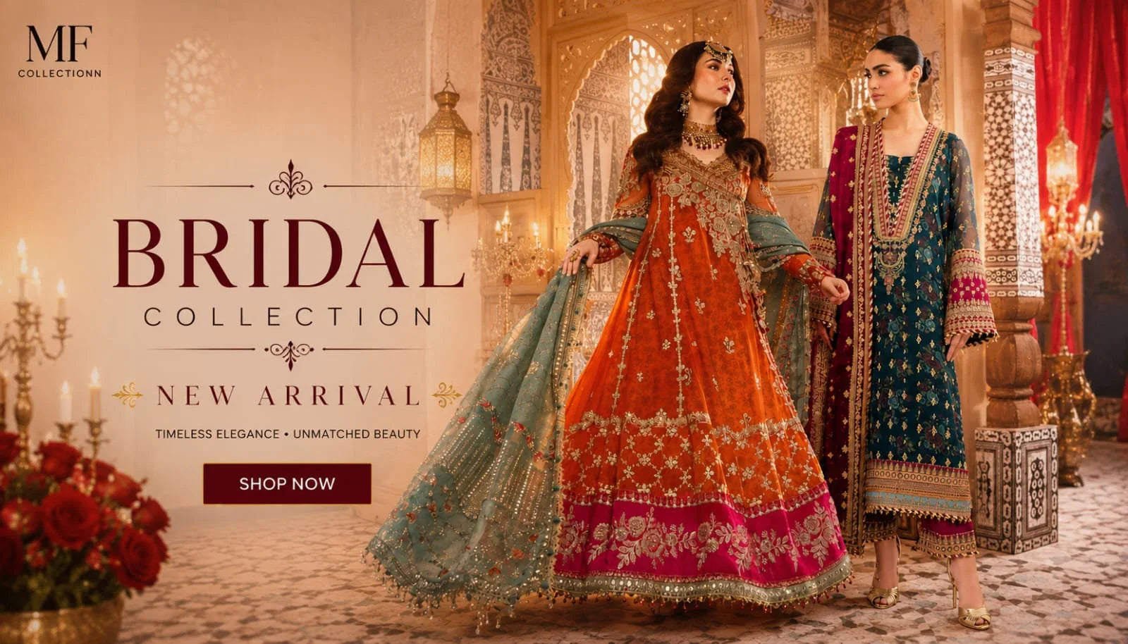 Bridal Collection new arrival: elegant orange and teal embroidered dresses with intricate gold detailing, showcased in a luxurious palace setting.