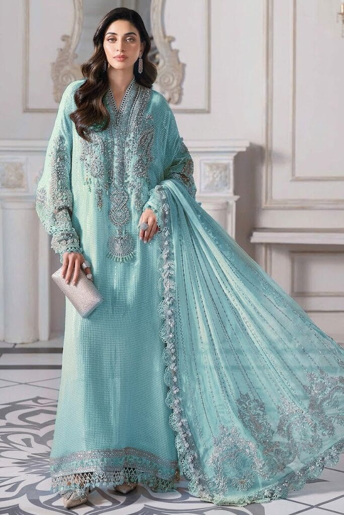 M.B MF-032 Premium Chiffon Emb 3 Piece Unstitched Suit With Chiffon Dupatta 2026 