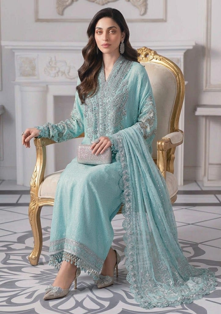 M.B MF-032 Premium Chiffon Emb 3 Piece Unstitched Suit With Chiffon Dupatta 2026