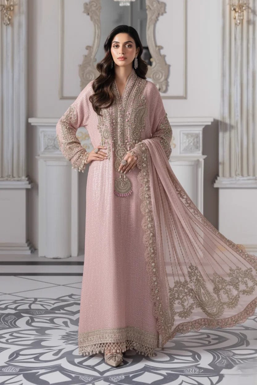 M.B MF-032 Premium Chiffon Emb 3 Piece Unstitched Suit With Chiffon Dupatta 2026