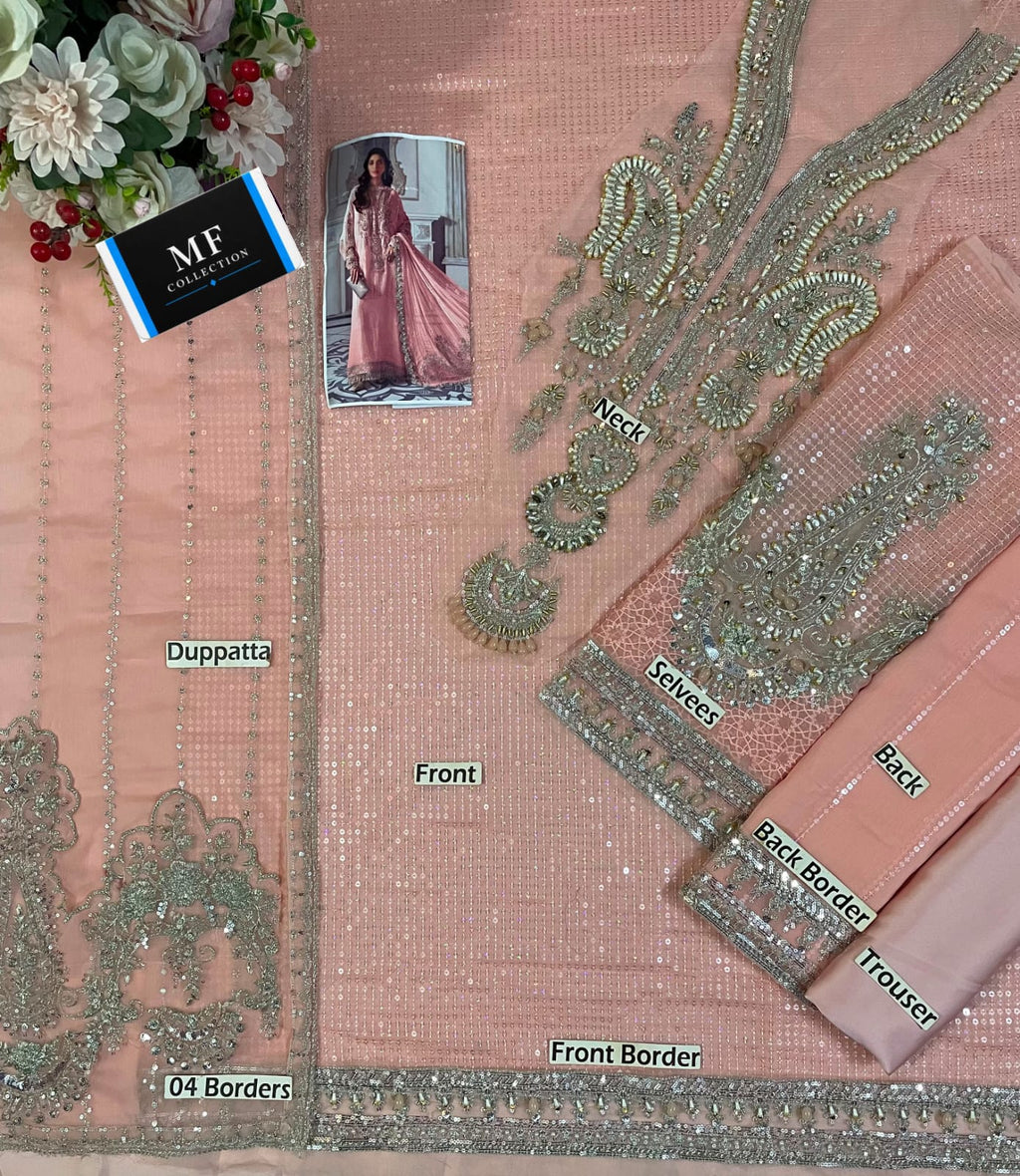 M.B MF-032 Premium Chiffon Emb 3 Piece Unstitched Suit With Chiffon Dupatta 2026