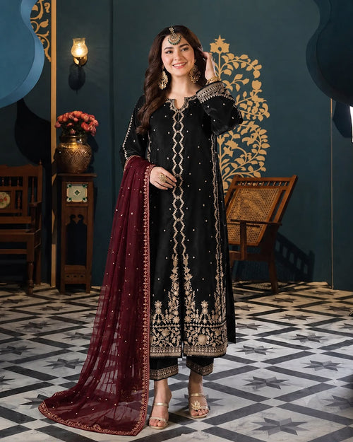 A.J  MF-031 Premium Chiffon Emb 3 Piece Unstitched Suit With Chiffon Dupatta 2026