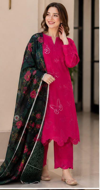 Trendy MF-TD Premium Chikankari Lawn Unstitched 3 Piece Suit With Printed Silk Dupatta 2026