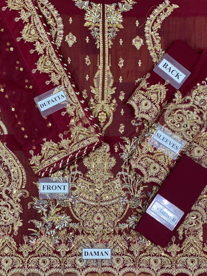 Charizma Maroon Chiffon Hand Work Formal Collection 3pc Unstitched