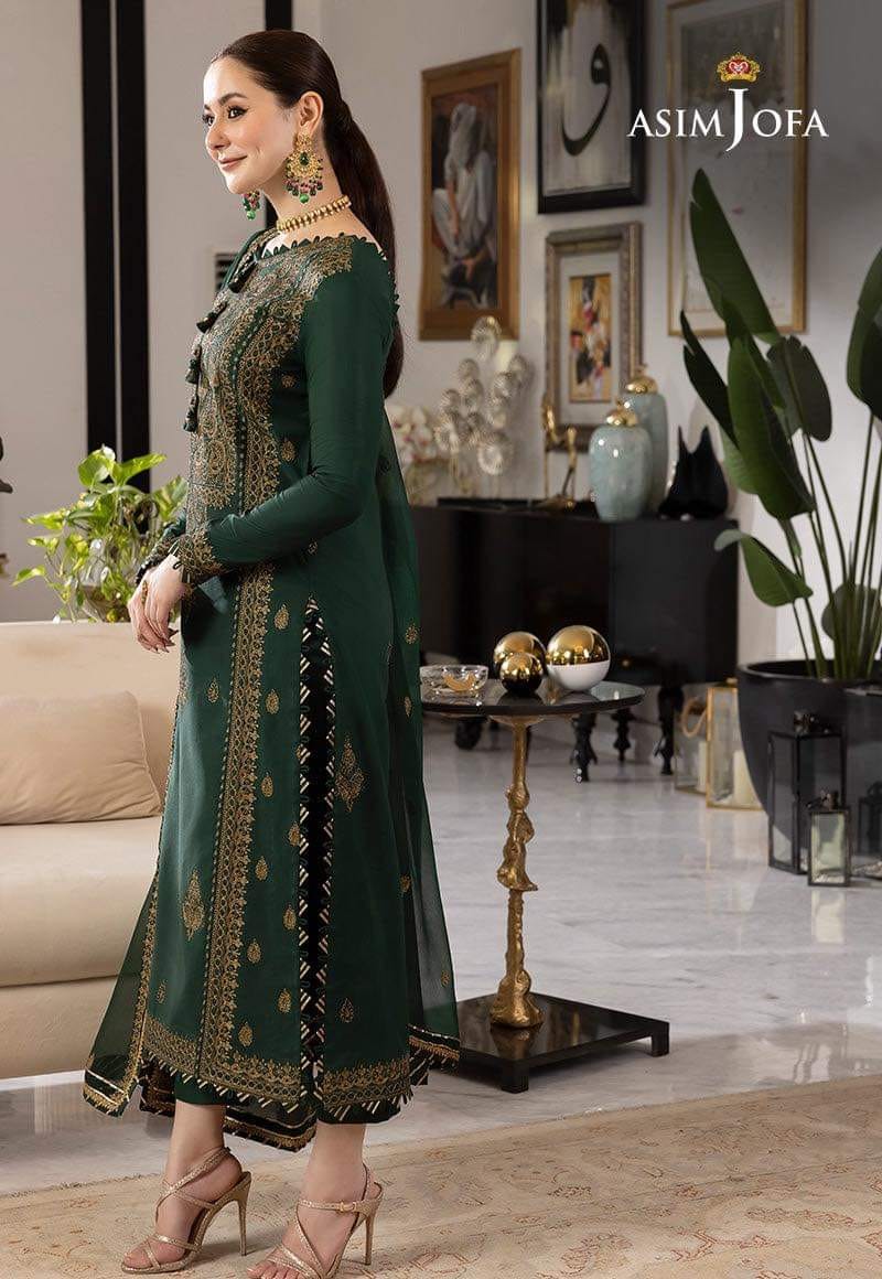 Asim Jofa Bottle Green Chiffon Formal Collection Embroidery Dress 3pc
