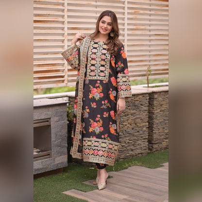 Aneelas Silk Digital Black Multi Embroidery 3piece Unstitched