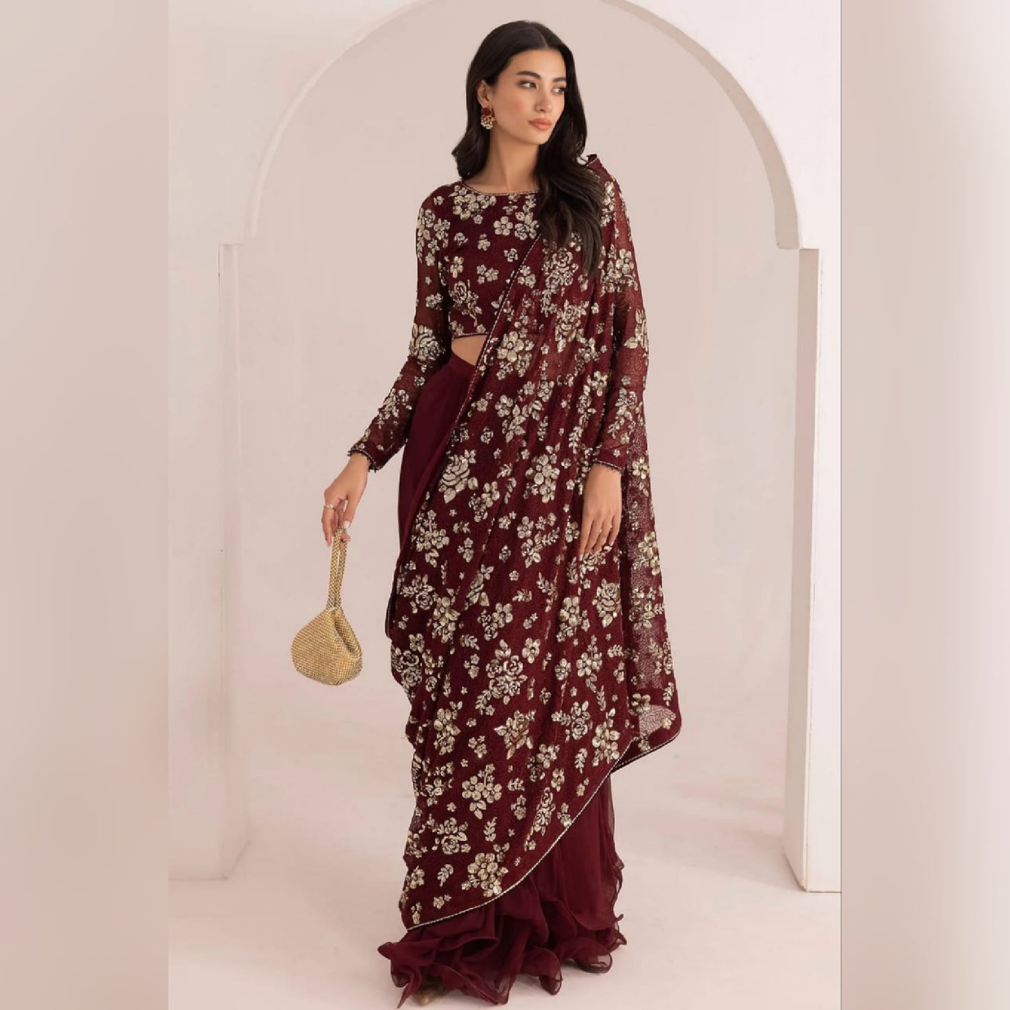 Jazmin Maroon Saree Chiffon Embroidery Unstitched
