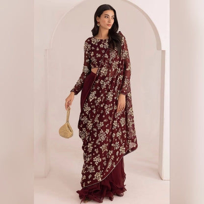 Jazmin Maroon Saree Chiffon Embroidery Unstitched