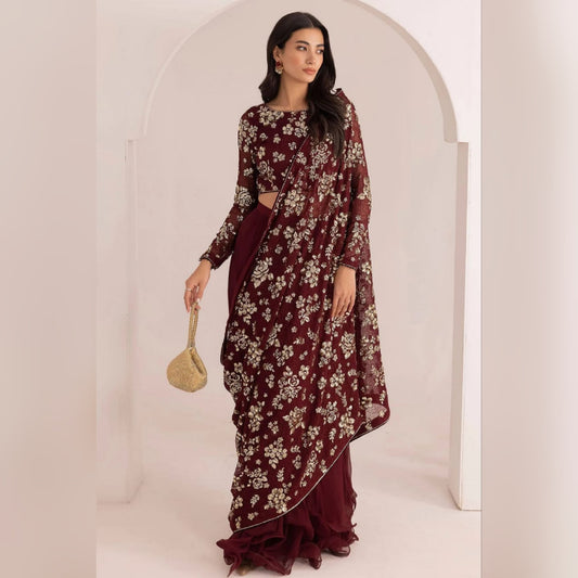 Jazmin Maroon Saree Chiffon Embroidery Unstitched