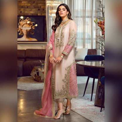 wedding collection Pink Party Wear Organza Dress 3pc Embroidrey Unstitched