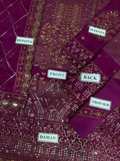 A.J Chiffon Maroon Embroidery 3Piece Unstitched