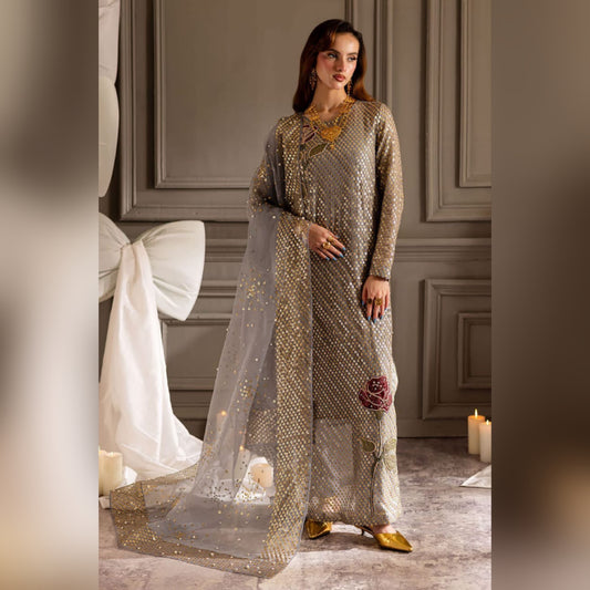 Nureh Grey Formal Collection Luxury Chiffon Embroidery 3piece Unstitched