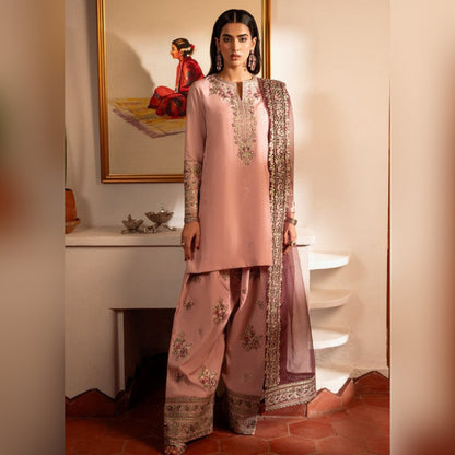 Sheenora Embroidered Tea Pink Luxury Cotton Silk 3Piece Unstitched