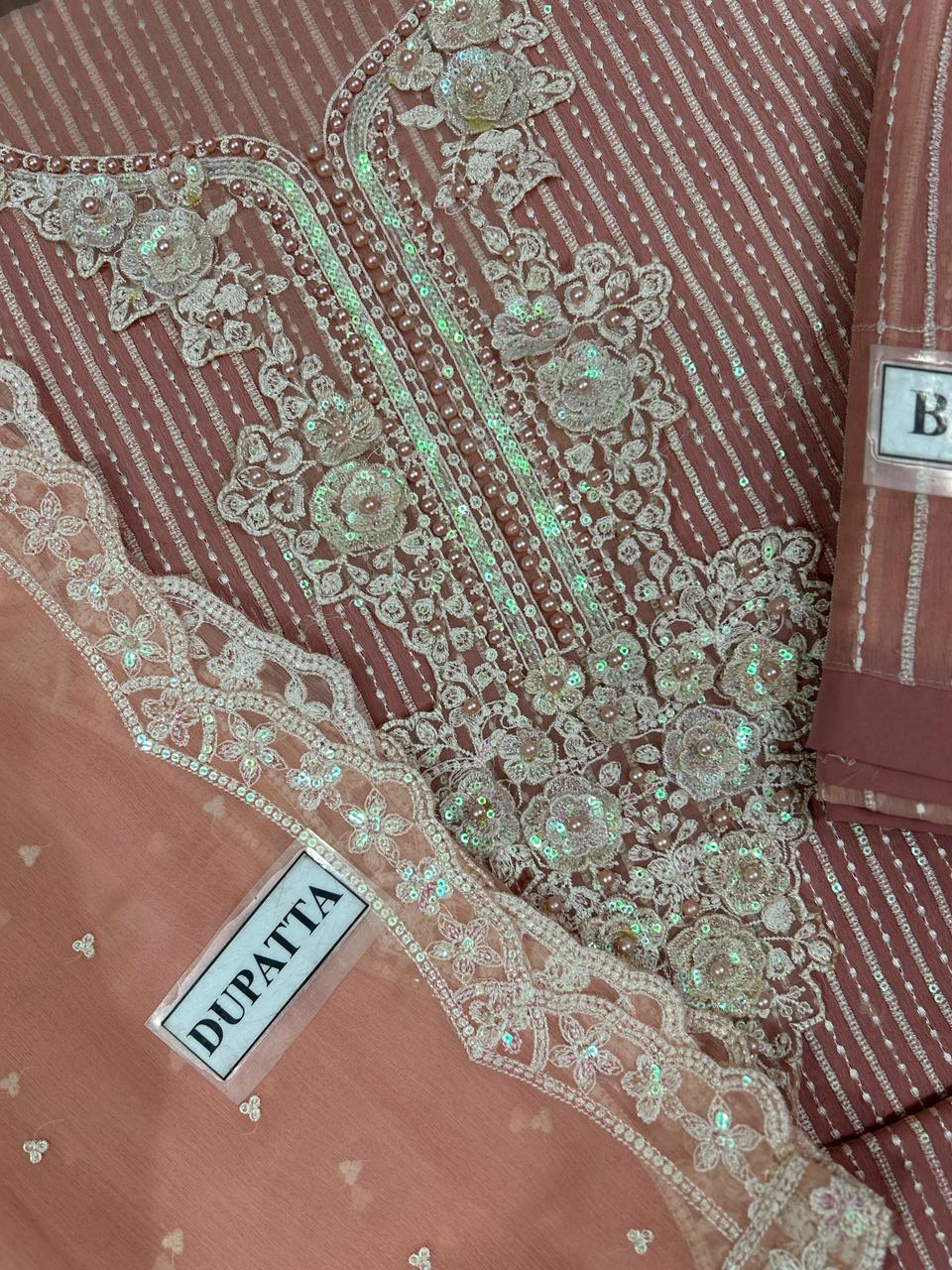 M.B Embroidered Pink Luxury Chiffon Dress 3piece Unstitched