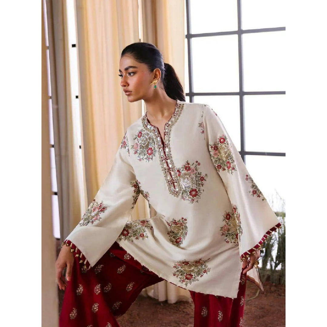 Ethnic Raw Silk off White Embroidery Formal Collection 3piece Unstitched