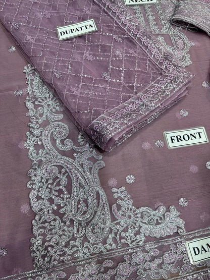 A.J Purple Jhilmil Semi Pure Chiffon Embroidery 3piece Unstitched