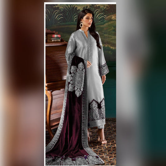 Zainab Chottani Maysori Maroon Shawl Velvet Formal Collection 3pc 9000 Micro