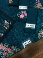 Teal embroidered Daman suit with floral sleeves and trousers, luxury ethnic wear