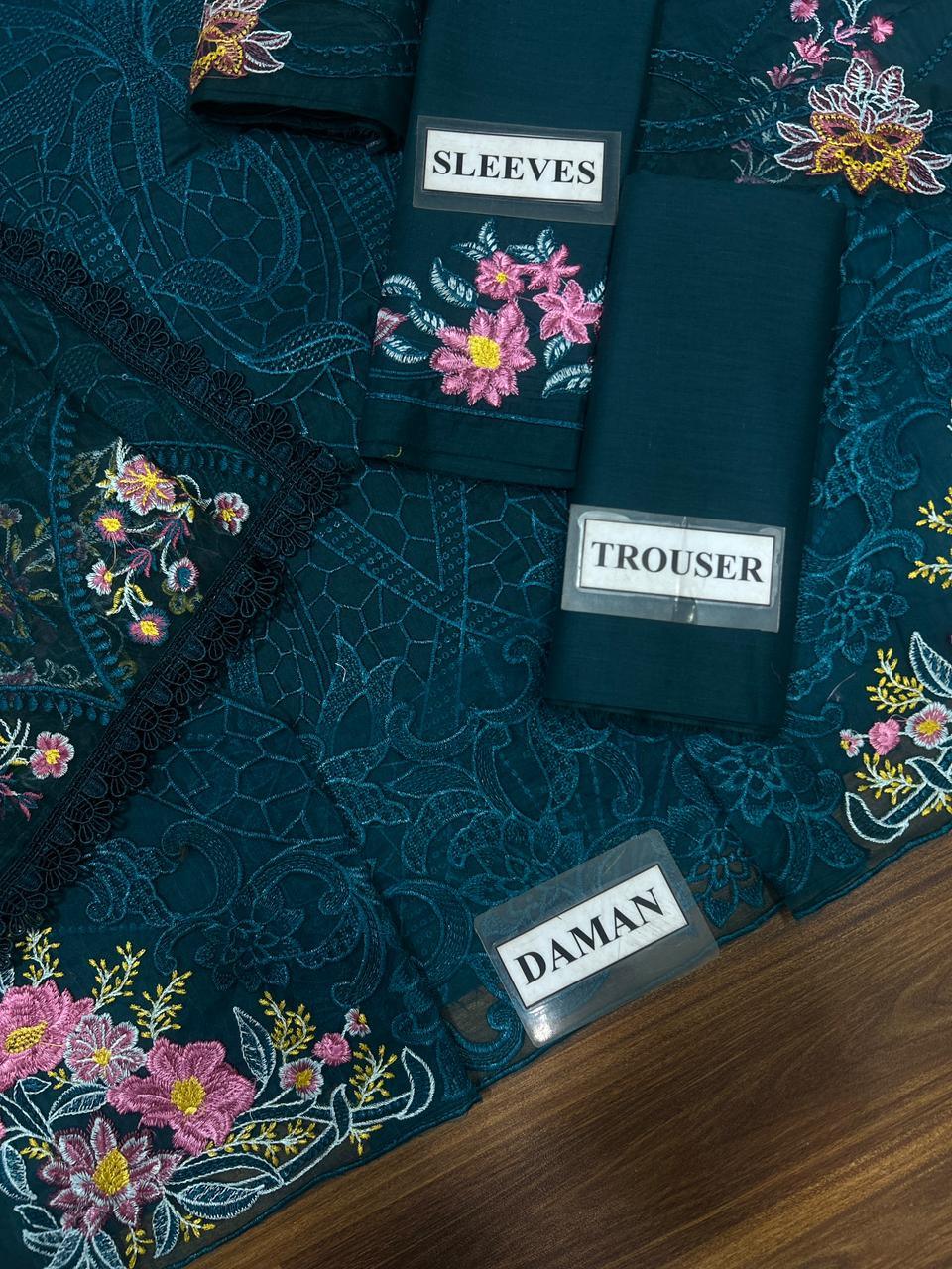 Teal embroidered Daman suit with floral sleeves and trousers, luxury ethnic wear