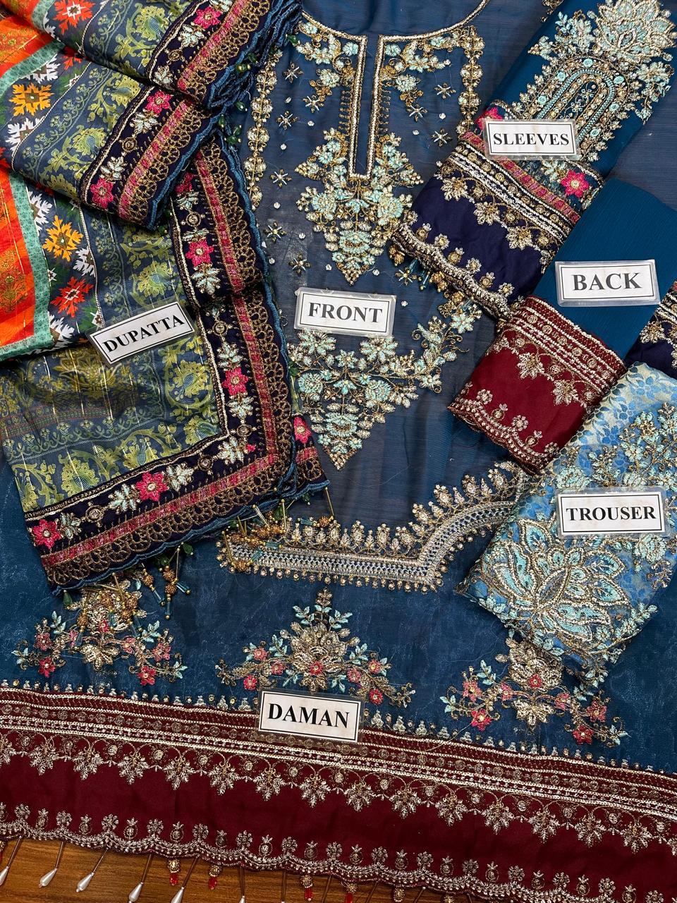 M.B Blue Formal Collection Chiffon Dress 3pc Unstitched