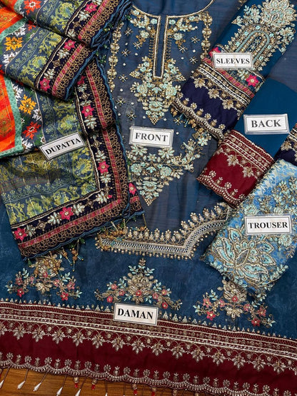 M.B Blue Formal Collection Chiffon Dress 3pc Unstitched