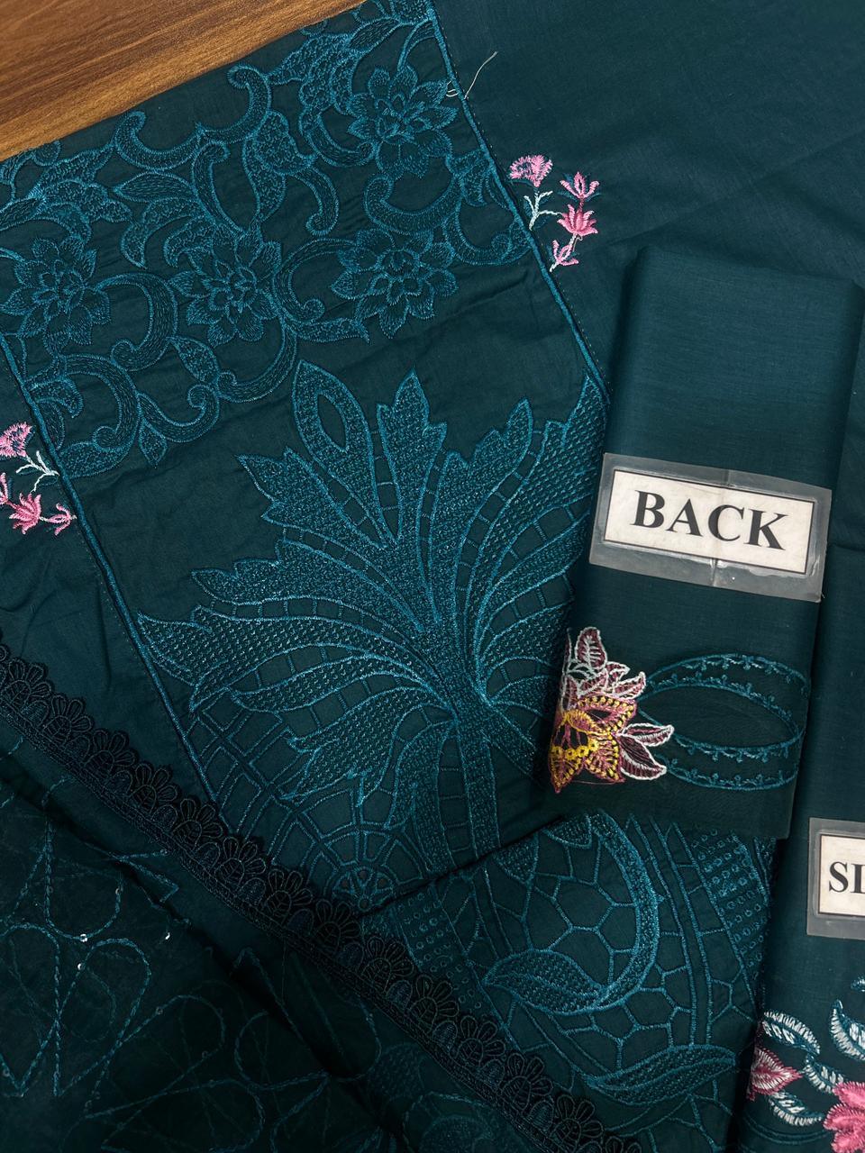 Dark teal embroidered saree with floral lace and pink accents, labeled 'BACK'