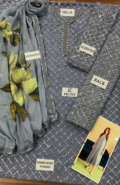 Lulusar Gray Soft Net Embroidery Luxury Collection 3piece Unstitched