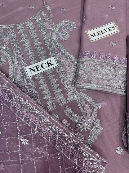 A.J Purple Jhilmil Semi Pure Chiffon Embroidery 3piece Unstitched