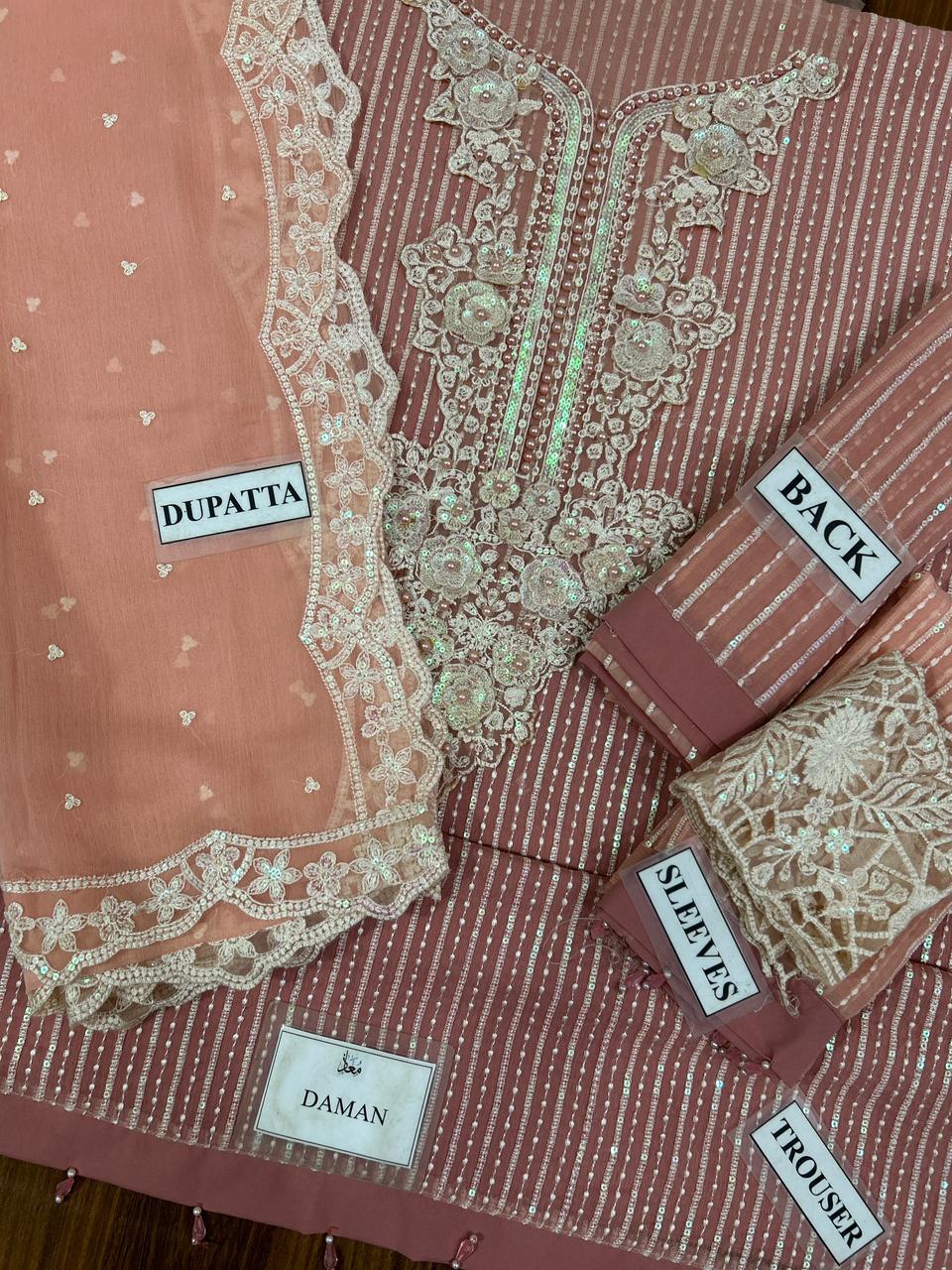 M.B Embroidered Pink Luxury Chiffon Dress 3piece Unstitched