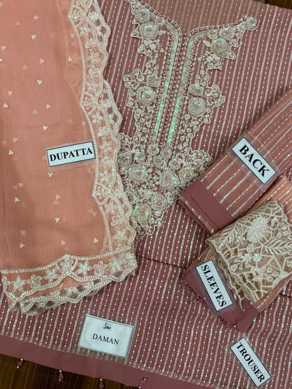 M.B Embroidered Pink Luxury Chiffon Dress 3piece Unstitched