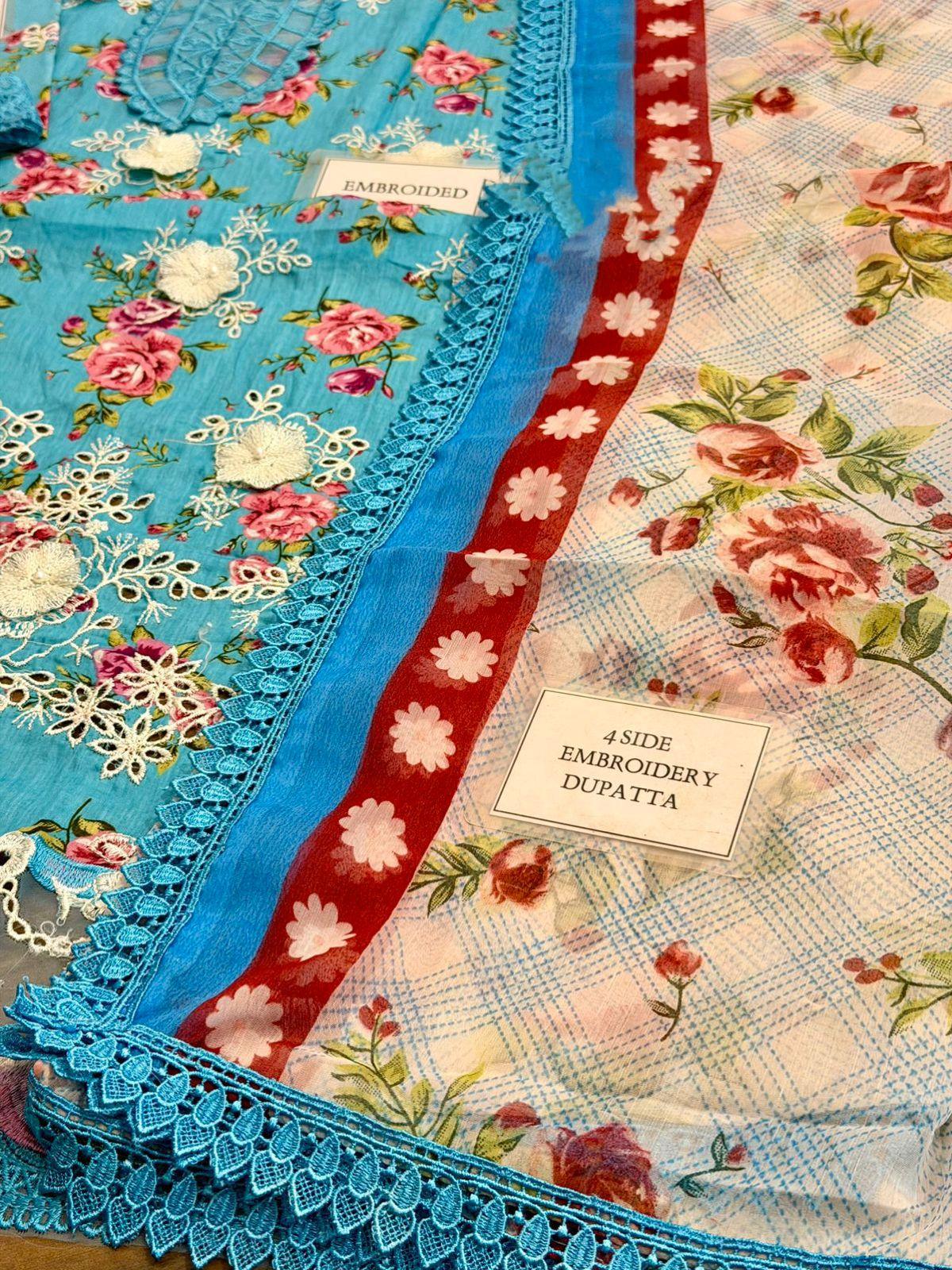 Blue embroidered dupatta with floral lace border and red floral trim, 4-side embroidery design